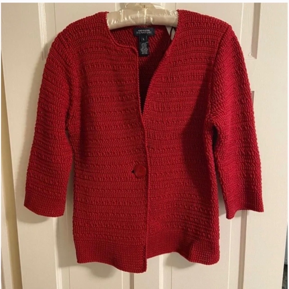 Gorgeous Red Sweater Jacket; Never Worn; Heavy Cotton Knit; Large; 3/4 Sleeves - Picture 2 of 13
